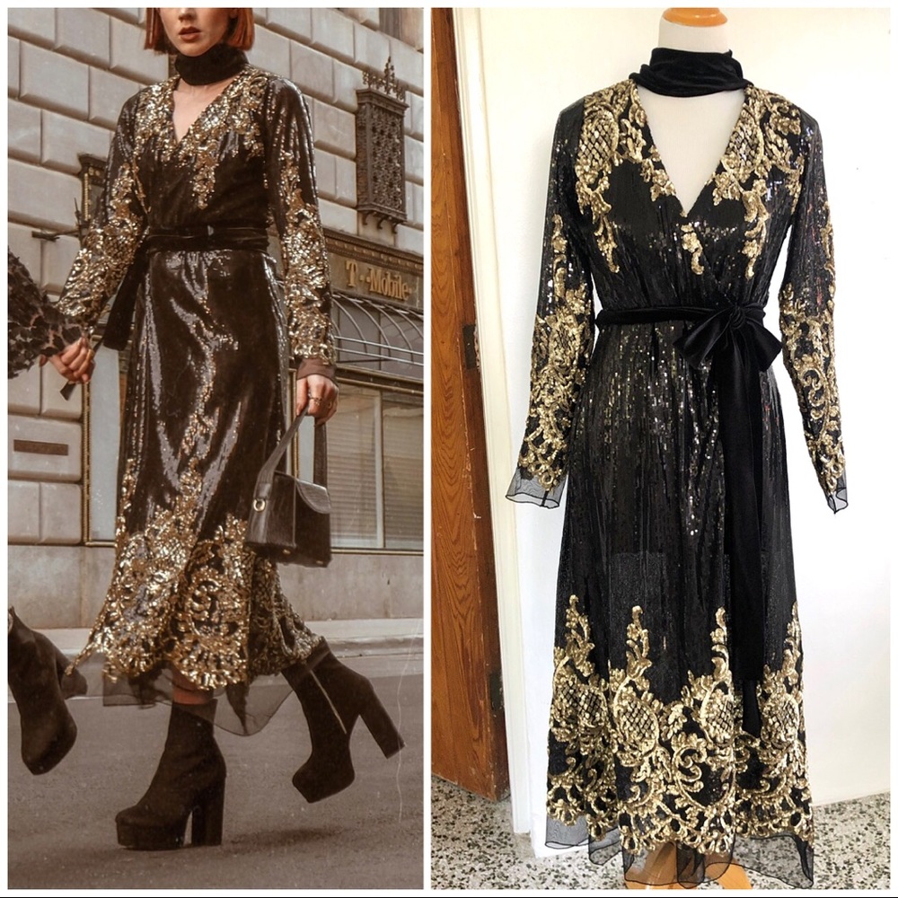Nidodileda brand sparkle gold and black dress velvet tie at the neck and waist